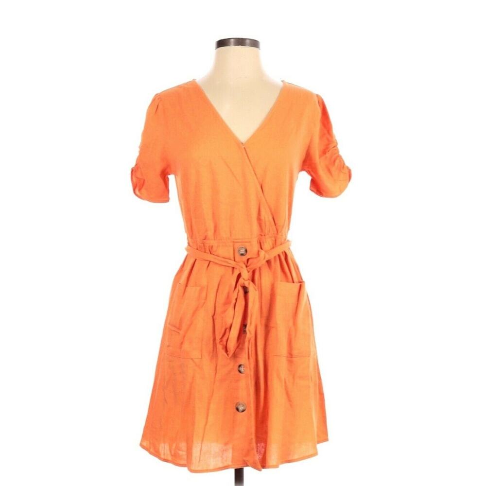 E&M Collection Orange Casual Dress Small Linen Belt Elastic Waist Cinched Sleeve